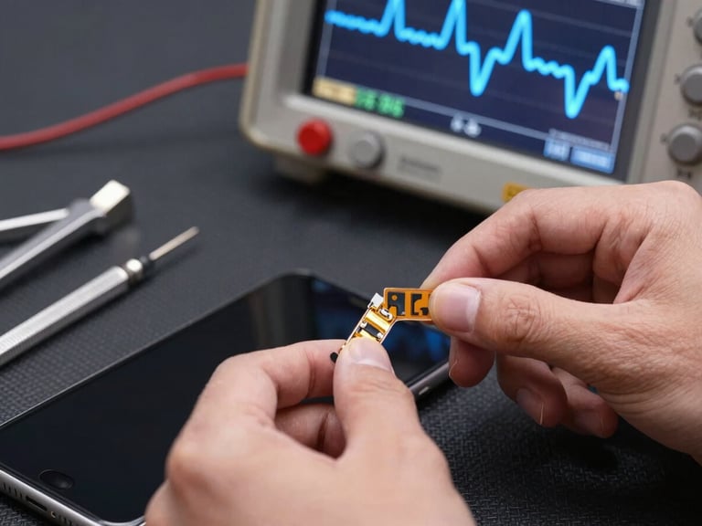 Extreme close-up of technical hands testing a smartphone screen ribbon cable with a digital oscilloscope, glowing blue waveforms on screen, metallic tools on anti-static mat