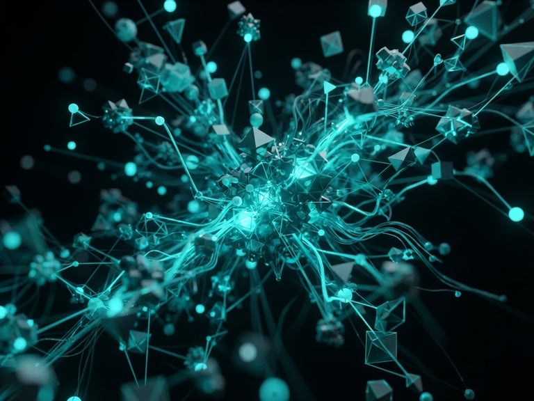 Sleek 3D render of abstract data visualization, dark background, neon teal accents, clean geometric forms, macro depth of field