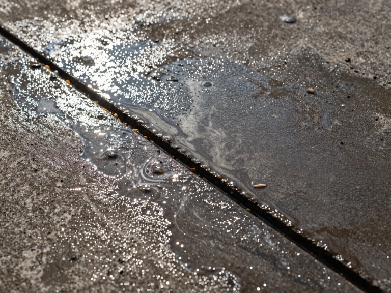 Macro shot of power-washed concrete, showing crisp, clean lines and texture, with water drying in patches, sharp natural light