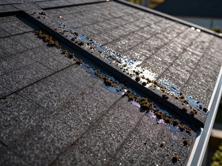 Close-up of a residential roof being cleaned, showing dark algae being removed to reveal clean shingles, high-contrast sunlight