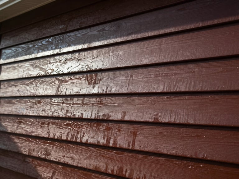 High-contrast before-and-after texture of residential siding being soft-washed, showing clean, vibrant panels next to dirty ones, dramatic natural sunlight