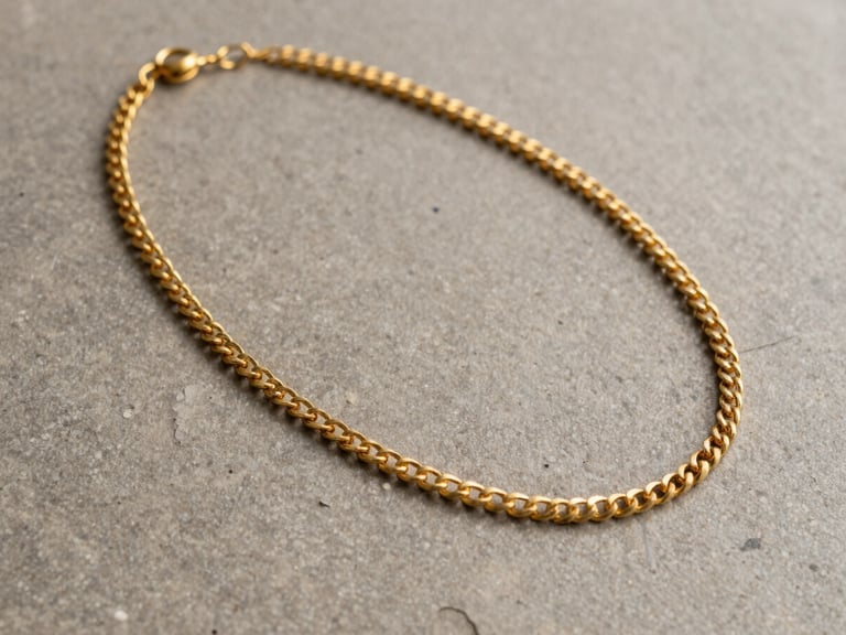 Medium shot of a finished 22-karat gold necklace laid flat on a matte warm-grey stone surface, north-facing indirect daylight revealing the precise chain construction and surface texture, no hands or props