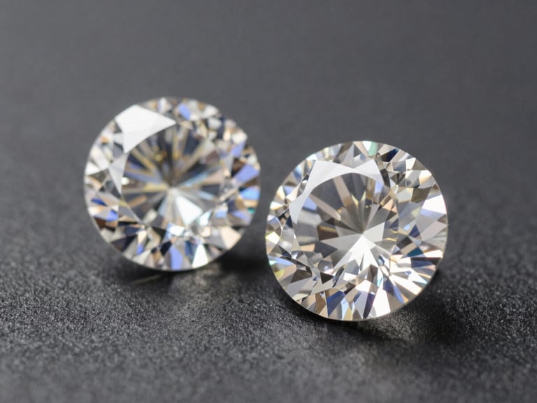 Extreme close-up of two loose princess-cut diamonds resting on a matte charcoal surface, studio daylight from the upper right creating sharp facet contrast and internal brilliance, shallow depth of field on the near stone, nothing else in frame
