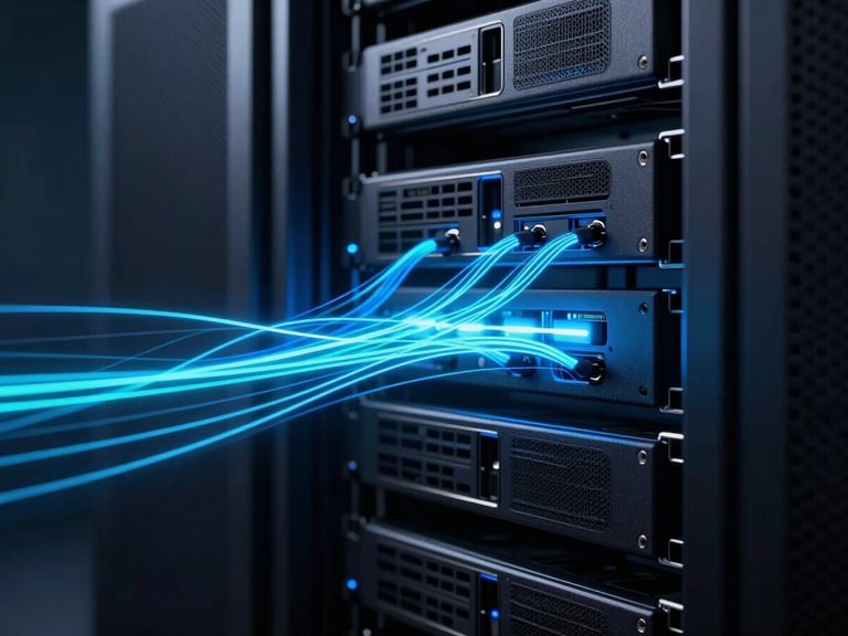 Abstract representation of data flowing into a sleek, dark server rack, electric blue and cyan light trails, high contrast, 8k.
