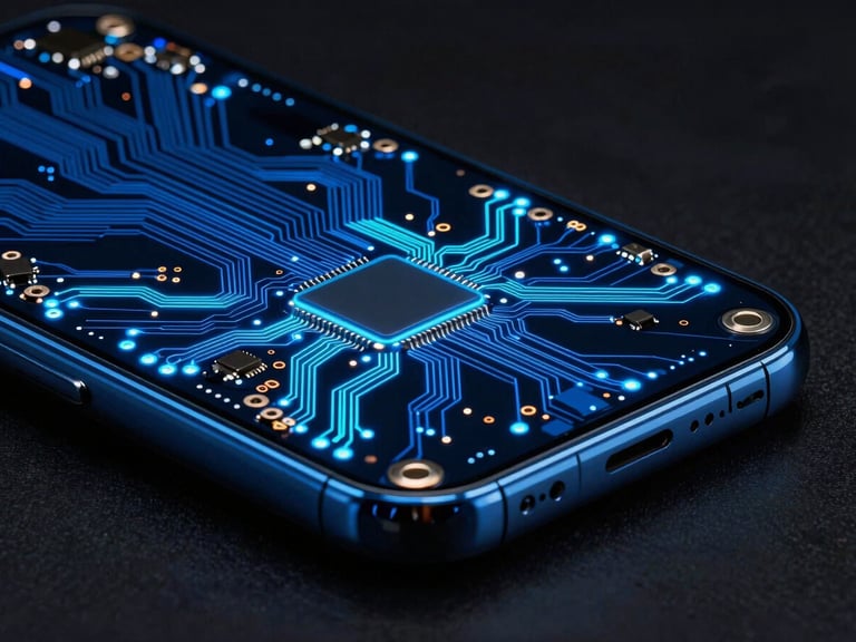 Macro shot of a high-end smartphone circuit board, glowing electric blue traces, dark background, sharp focus, 8k.