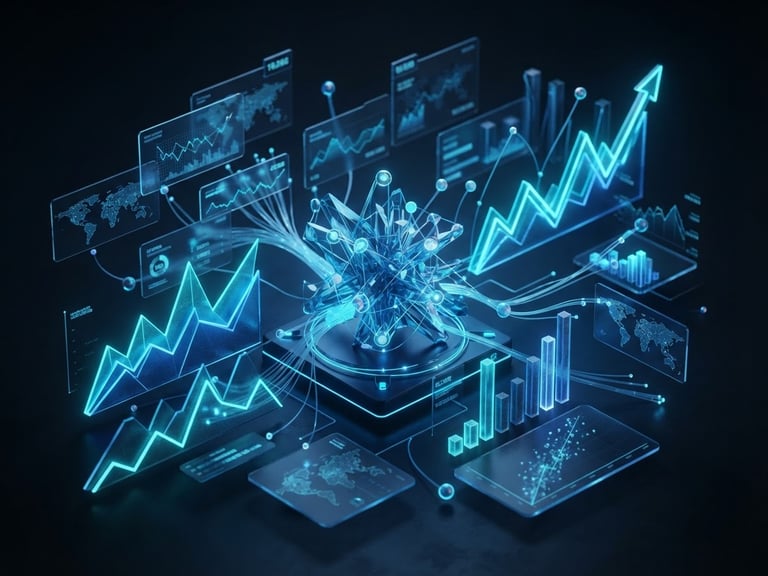 Abstract 3D dashboard illustration with glowing blue and cyan data lines, live analytics, growth charts, and floating cards, high-contrast dark-mode fintech aesthetic, electric blue rim-lighting, 8k