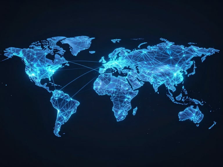 Stylized 3D render of a global logistics network with glowing electric blue lines connecting continents, abstract, dark, high-tech, 8k.