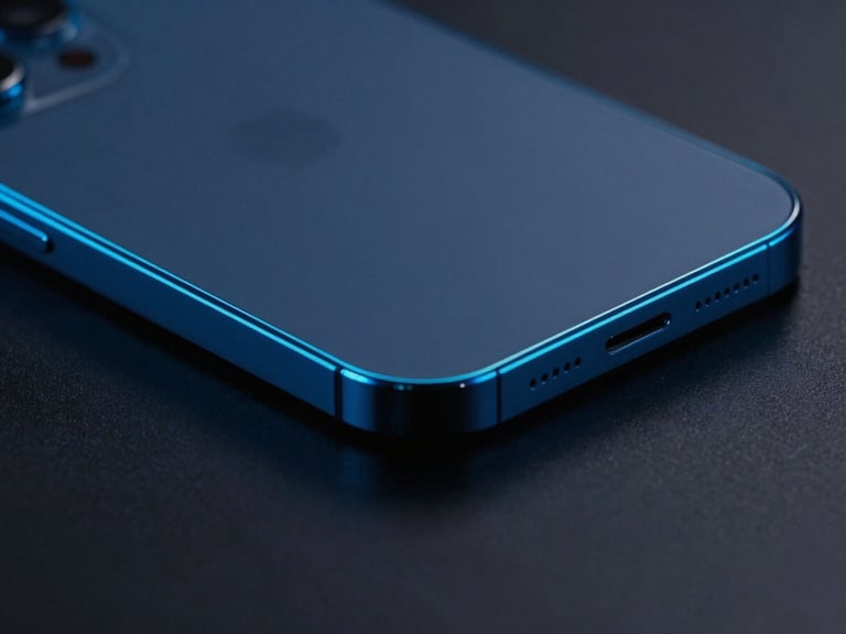 Close-up of a modern, sleek smartphone with glowing electric blue edges on a dark surface, high contrast, studio lighting, 8k