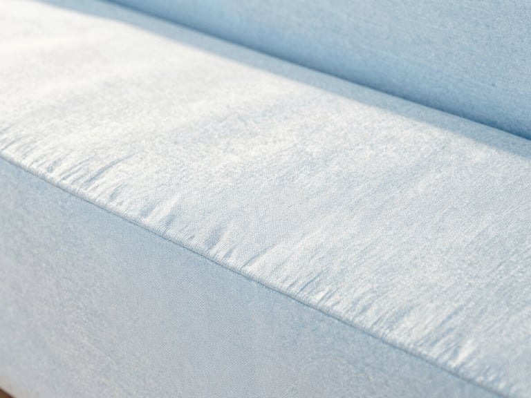 Detailed macro shot of clean fabric upholstery, bright natural light, crisp textures, soft blue and white tones