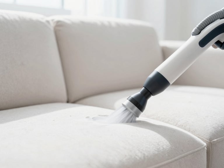 Close up of a professional extraction cleaning machine nozzle vacuuming a light-colored fabric sofa, water spray and suction visible, clean lines, bright daylight