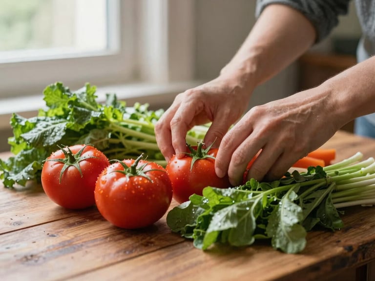 Close-up of hands arranging fresh, vibrant vegetables on a rustic wooden table under soft window light, preparing for a food photography session, warm editorial style, shallow depth of field, 35mm