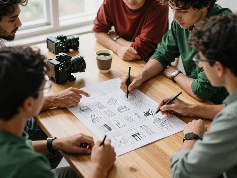 Overhead shot of a digital marketing agency team collaborating around a light wooden table, sketching content ideas on a storyboard, with cameras and fresh coffee, soft window light, warm editorial style, shallow depth of field, 35mm
