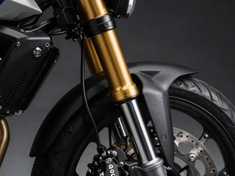 Close-up of a high-end gold anodized motorcycle front fork suspension and Brembo brake caliper, high-contrast shadows