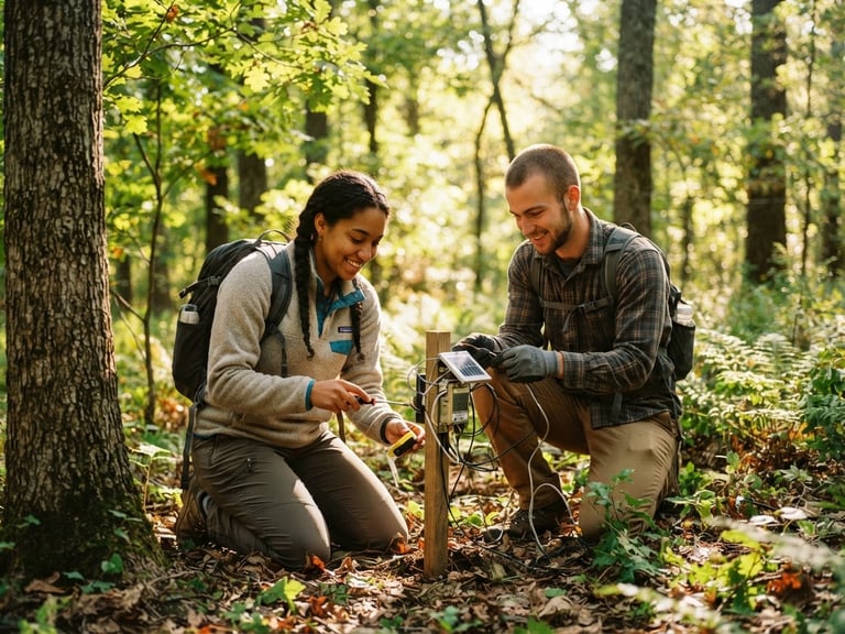 Warm editorial photo of students setting up environmental sensors in a sunlit Missouri oak forest, natural daylight filtering through leaves, authentic documentary style