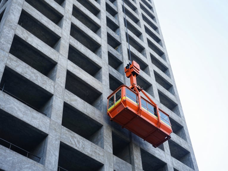 Dynamic low-angle shot of a heavy-duty passenger hoist climbing a massive high-rise concrete structure under bright daylight, high-contrast navy tones