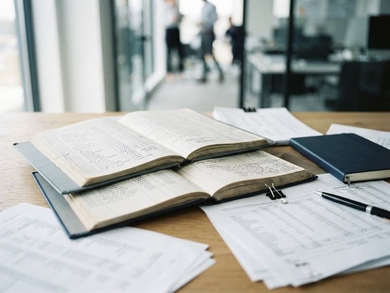 editorial corporate photography, close-up of organized financial ledgers on a wooden desk, soft morning window light, cool slate tones, 35mm