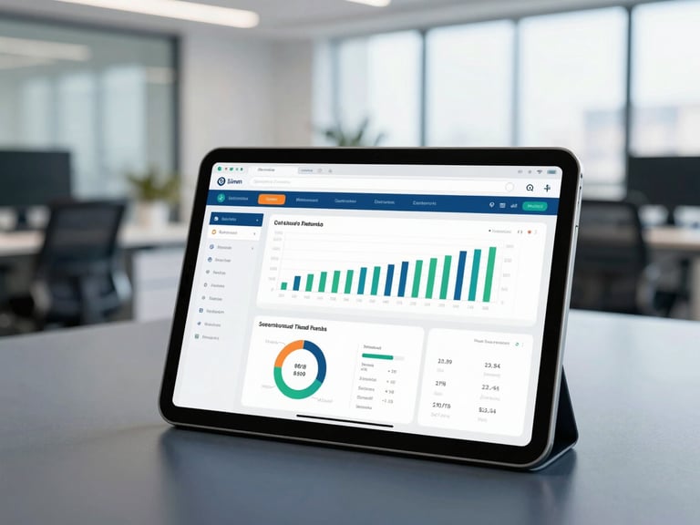 editorial corporate photography, clean digital financial dashboard showing charts on a tablet in a modern Bengaluru office, soft natural light, 35mm