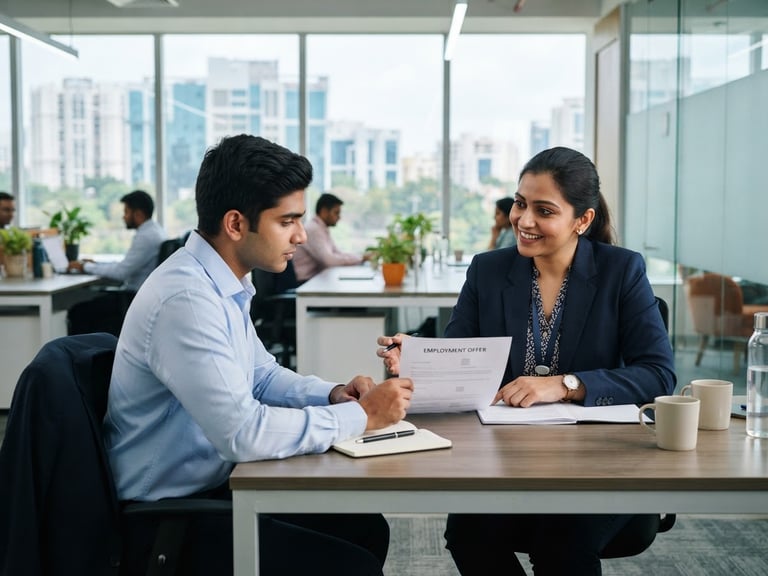 Editorial corporate photography, bright natural office light, a professional recruiter in a modern Bengaluru office discussing terms with a candidate, sharp focus, 35mm