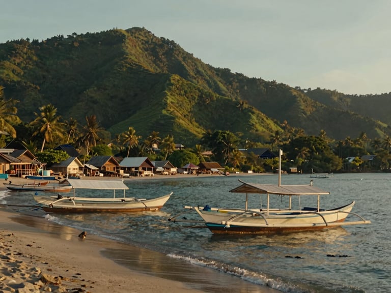 Cinematic wide shot of a coastal Indonesian village at golden hour, traditional wooden boats moored near the shore, lush green hills rising in the background under warm natural light.