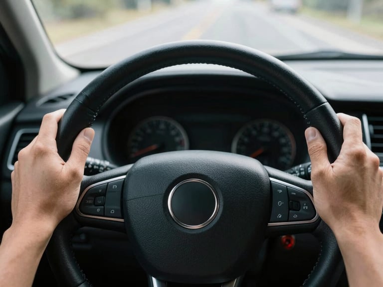 A person's hands on a steering wheel from the driver's perspective, road ahead visible, bright natural daylight, cool slate and warm orange tones, sharp focus, 35mm