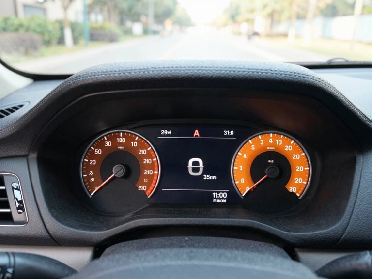 Clean close-up of a modern car dashboard with a digital speedometer showing low mileage, bright natural daylight, cool slate and warm orange tones, sharp focus, 35mm