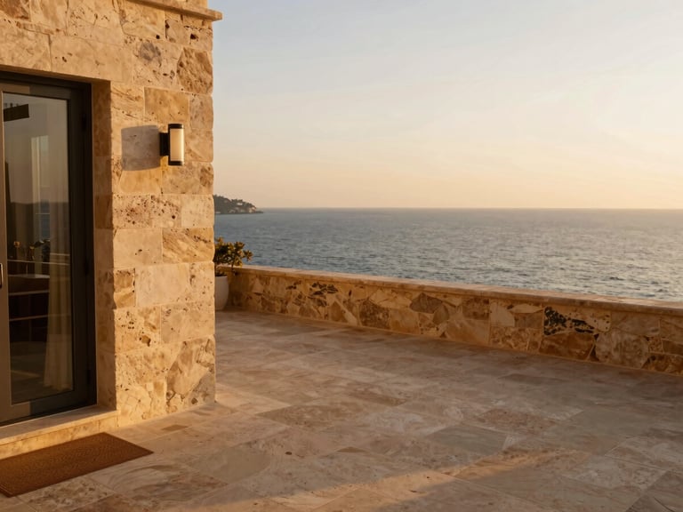 Boutique hotel terrace overlooking the sea at golden hour, warm stone textures, soft natural light