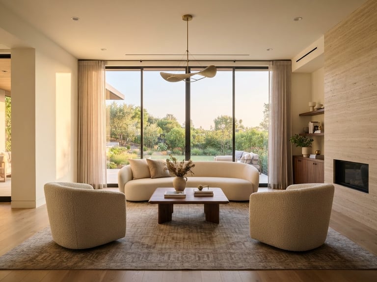 Bright architectural interior photography of a modern living room, natural daylight, soft golden-hour sun, straight eye-level perspective.