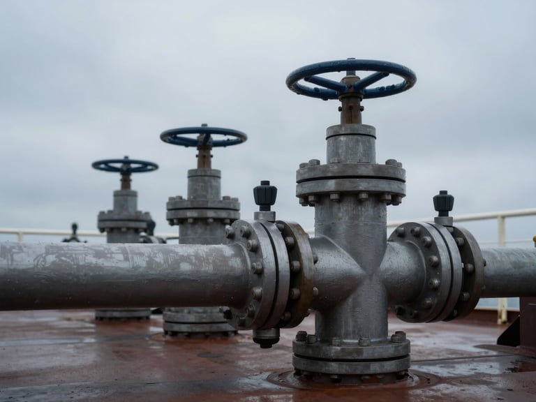 Close-up of heavy industrial manifold connections on a chemical tanker deck, overcast daylight, steel-gray tones, 35mm lens.