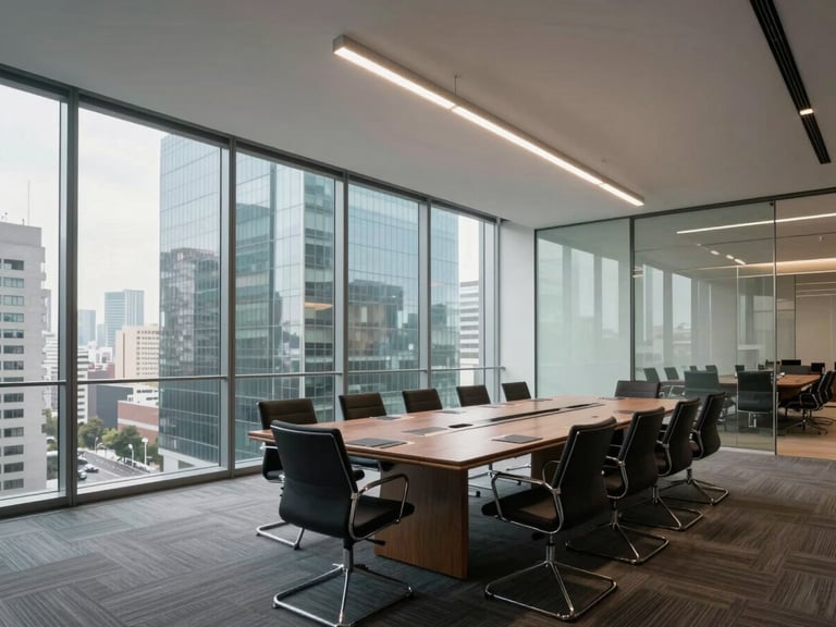 Wide-angle perspective of a modern corporate boardroom in Mexico City, glass walls, morning daylight, clean architectural lines