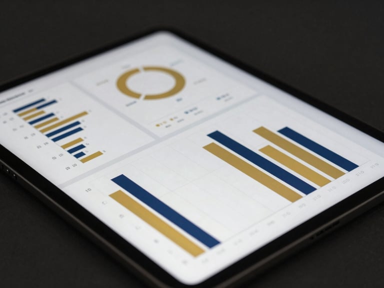 Close-up of a modern executive tablet interface displaying clean financial dashboards, gold and navy blue bar charts, abstract growth metrics, dark sleek background, soft lighting.