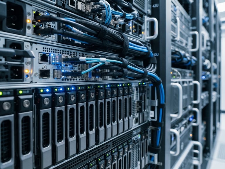 Macro close-up of premium enterprise server hardware, cool daylight with soft blue LED indicator glows, organized cabling, sharp focus, 35mm