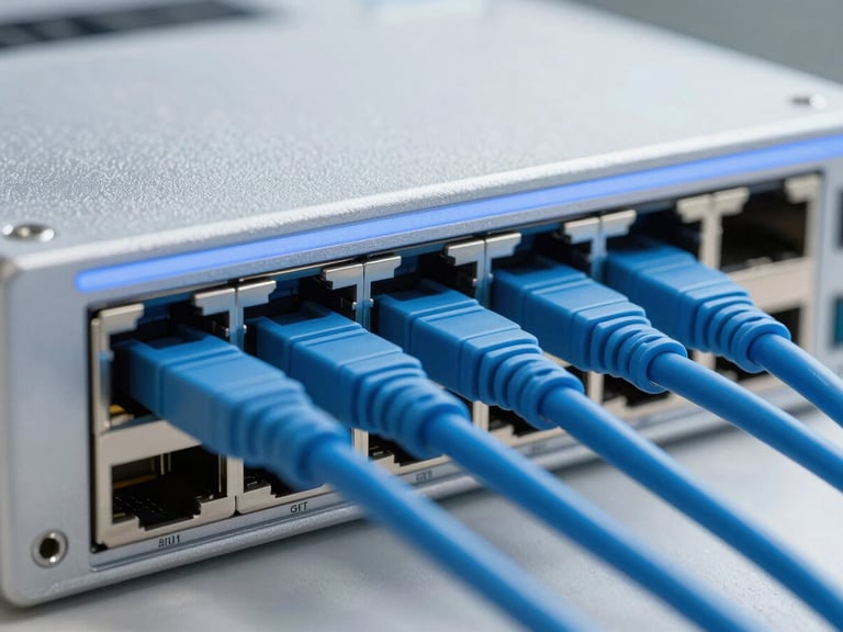 Macro close-up of a premium enterprise network switch, dust-free aluminum casing, clean port connections with active blue fiber optic cables, sharp focus, 35mm.