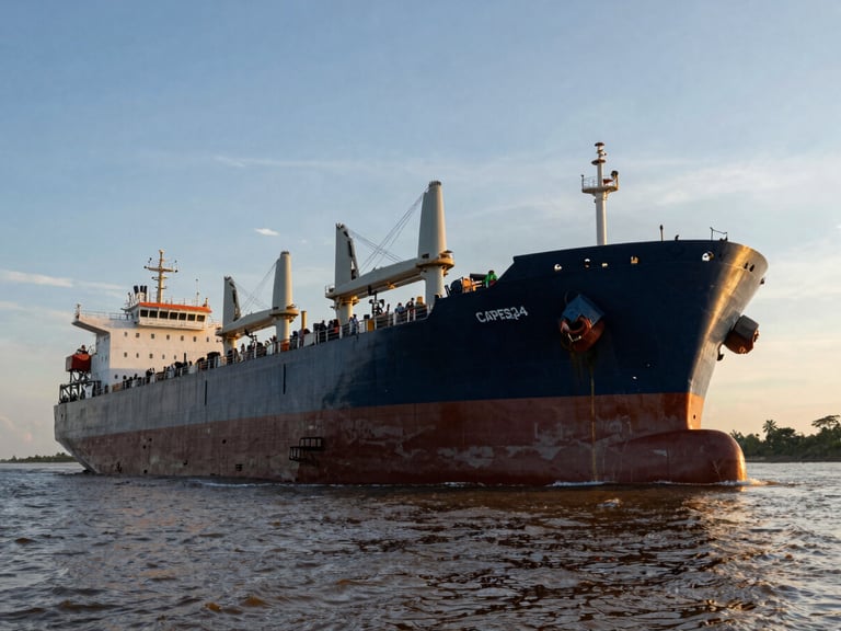 Low-angle shot of a supply launch boat approaching a massive Capesize bulk carrier on the Amazon River, high contrast, golden hour light.