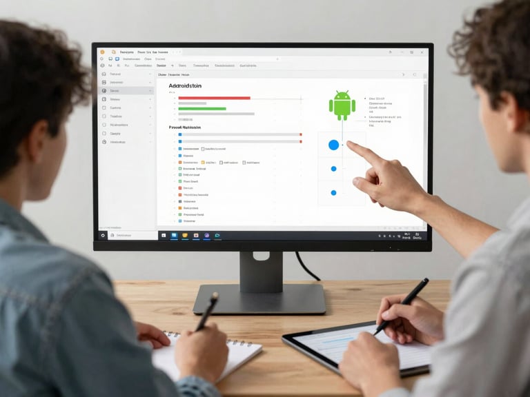 Two engineers side by side at a wide monitor showing a detailed Android UI layout with spacing guides and component annotations visible, one pointing at a specific touch target on screen, the other taking notes on a tablet, clean bright studio lighting, wide environmental crop showing the full desk setup and dual-monitor context, no faces visible—focus on hands, screens, and the work
