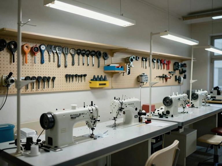 Wide environmental shot of an organized industrial sewing machine repair workshop, tools arranged on a pegboard wall, a disassembled commercial machine on a metal workbench, shop fluorescent overhead lighting, no people