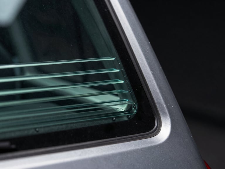 Extreme close-up of a ballistic-rated vehicle window corner, thick laminated glass layers visible in cross-section under cool studio strobe, steel frame edge sharp against a dark background, engineering precision framing, no people