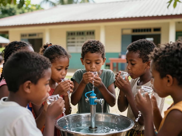 Candid medium shot of children drinking water from a new filtration system, school building in background, natural Caribbean sunlight, rich organic tones, 35mm