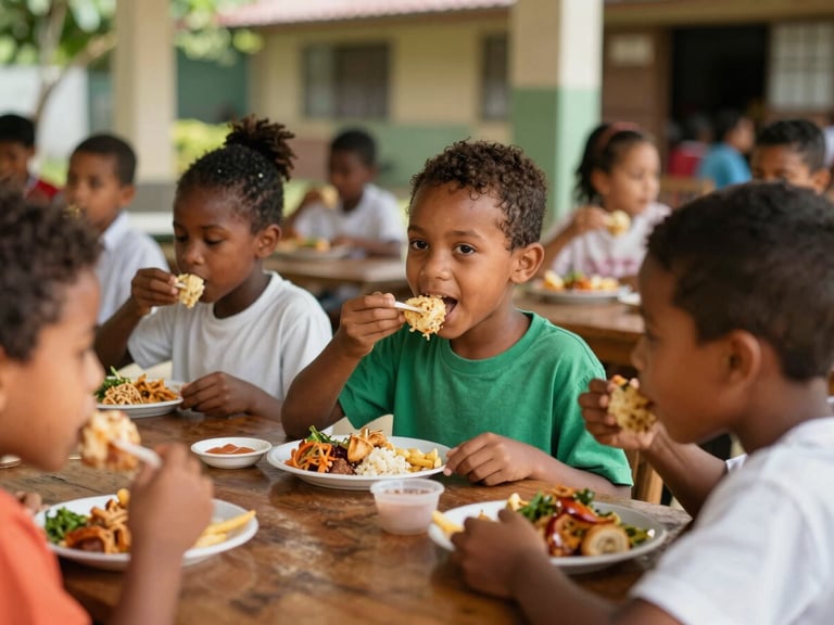 Candid medium shot of children happily eating a school lunch in a courtyard, natural Caribbean sunlight, rich organic tones, 35mm