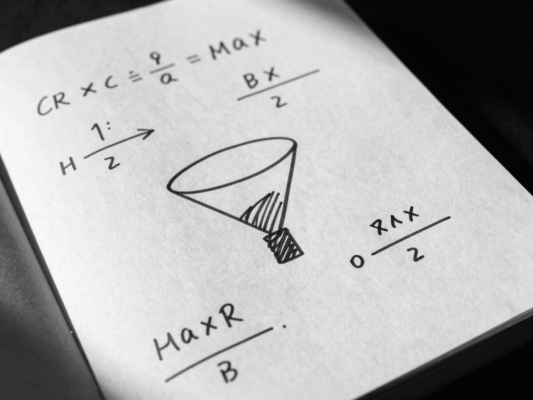 High-contrast black and white close-up of a physical notebook with hand-drawn growth funnels and math equations, hard directional side-lighting, deep shadows.