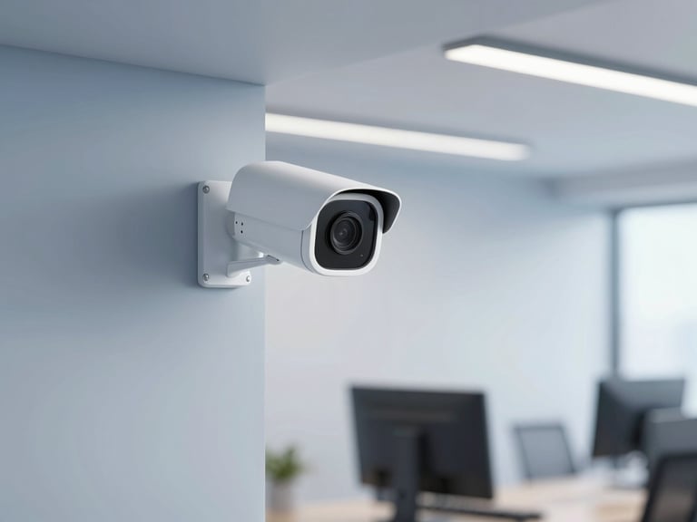 Clean modern office environment with a neatly mounted high-tech security camera in the corner, soft cool indoor lighting, professional setup