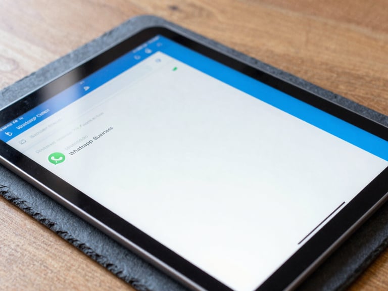 Close-up of a tablet showing a clean WhatsApp business chat interface, bright natural daylight on a wooden desk, slate gray and electric blue accents