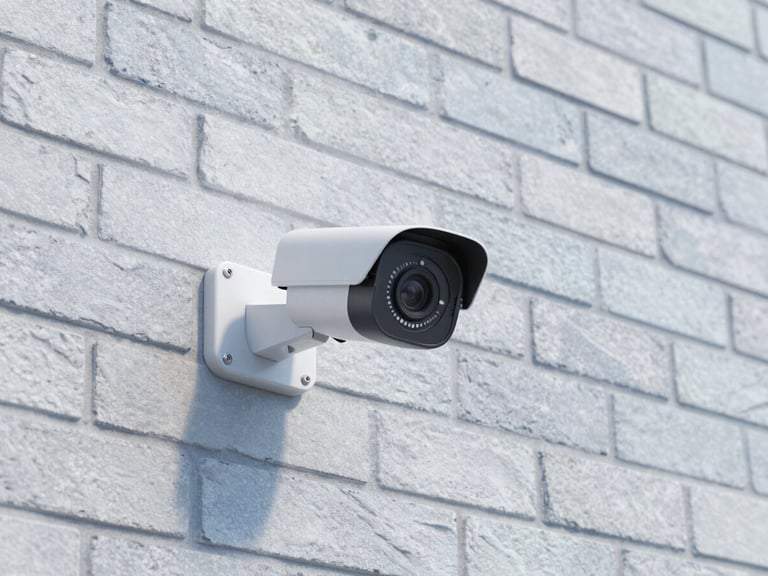 A sleek modern security camera neatly mounted on a clean brick wall under bright natural daylight, cool blue tones, professional installation