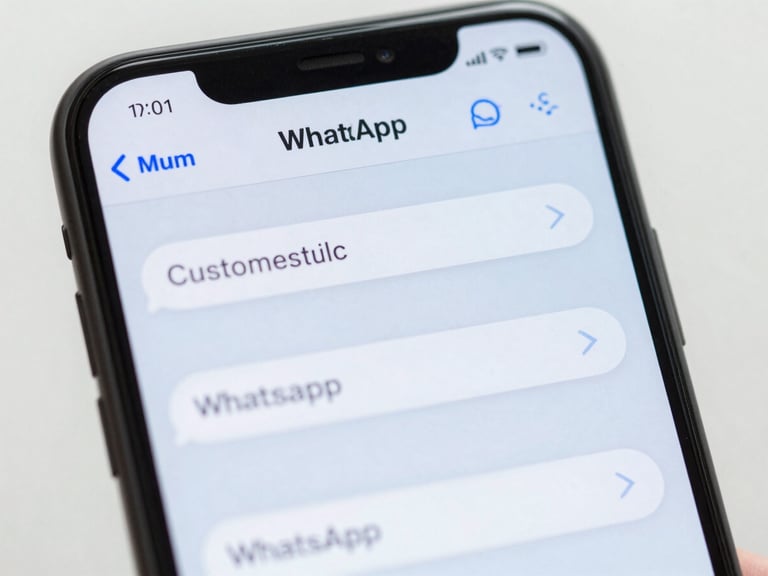 Close-up of a smartphone screen showing a fluid WhatsApp chat interface with automated customer service answers, bright daylight, clean slate tones