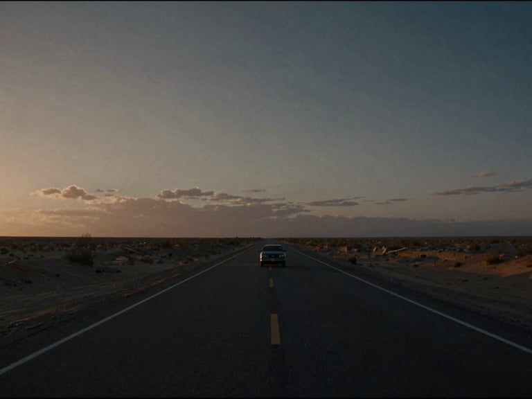 Wide cinematic 35mm film still, extreme wide shot of a lone car on an endless desert highway under a bruised twilight sky, dramatic low-key lighting.