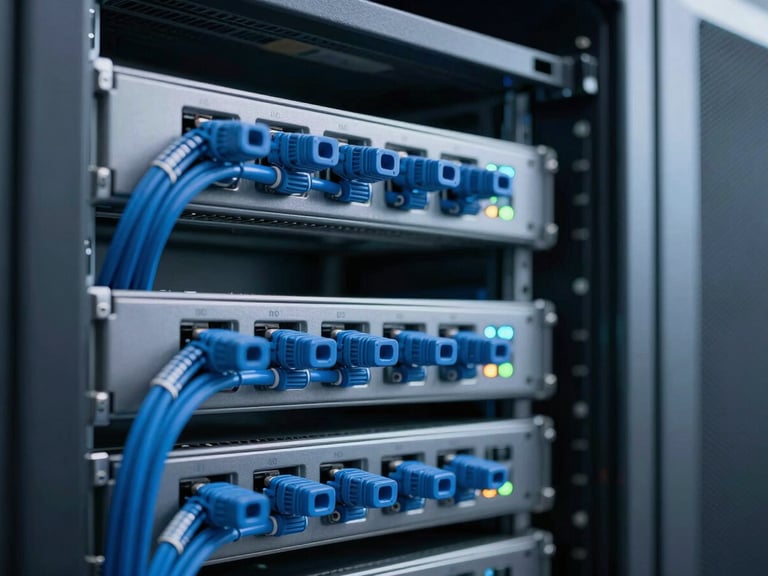 Macro shot of clean server racks with organized blue cabling, subtle status lights, professional data center environment, cool blue and gray tones, sharp focus, 35mm