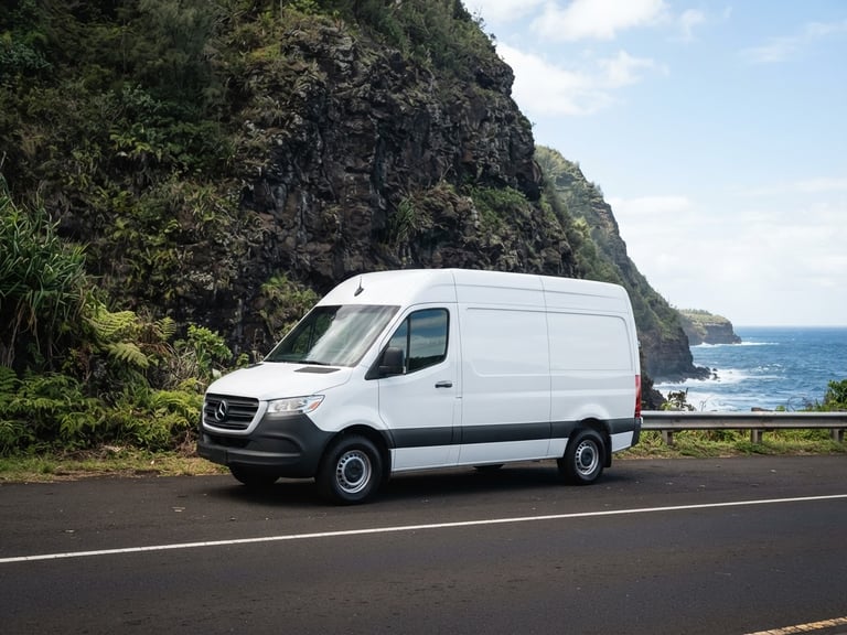 Immaculate white delivery vehicle parked against a dramatic Hawaiian volcanic cliffside, bright high-key natural daylight, sharp focus, 50mm lens