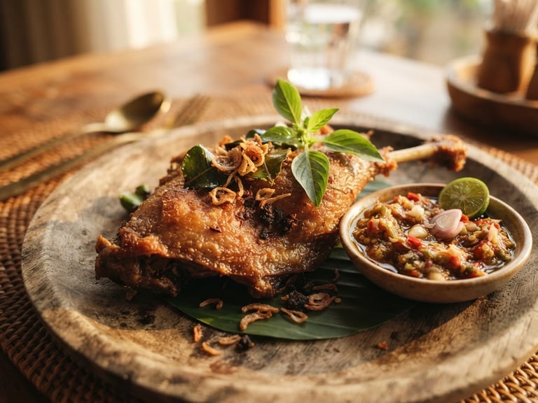 Warm editorial food photography, close-up of crispy Javanese fried duck on a rustic wooden plate, glistening sambal ulek segar on the side, soft golden hour side-light, shallow depth of field