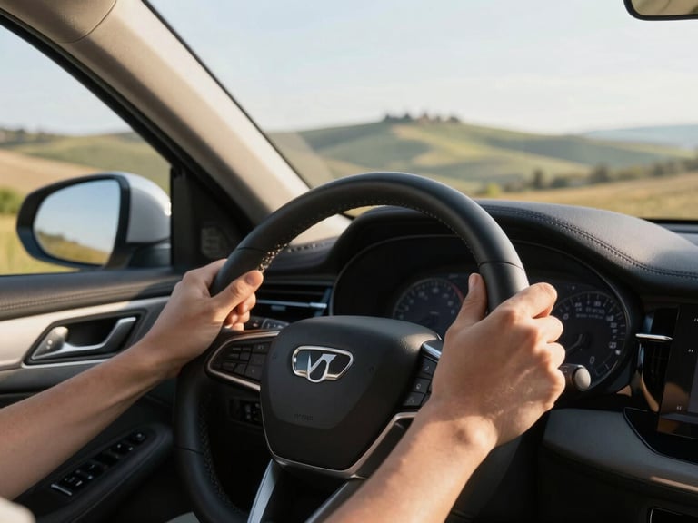 Close-up of hands on a leather steering wheel of a modern car driving through the hills of Tuscany, soft golden hour sunlight, editorial style.