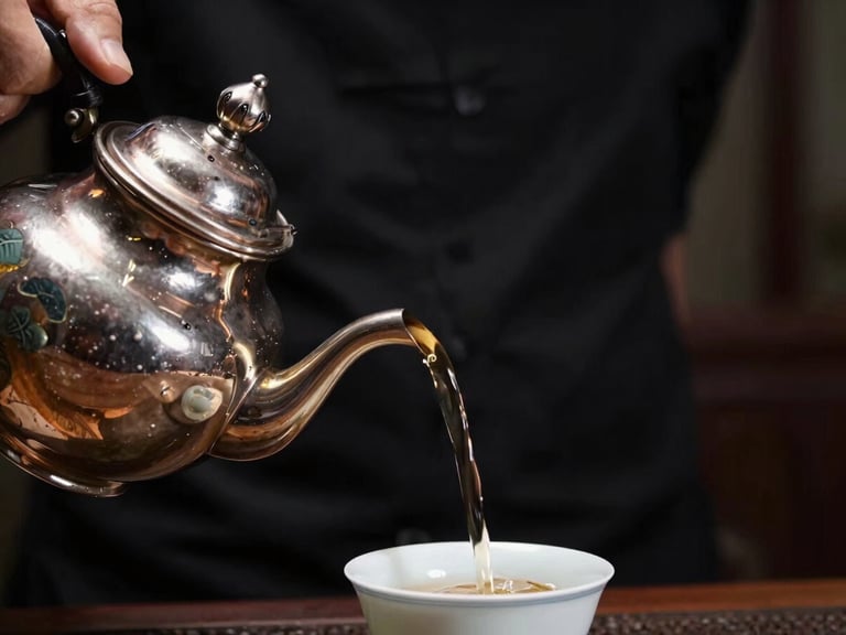Extreme close-up of hands pouring tea from an antique silver teapot into a porcelain cup, dramatic chiaroscuro lighting, dark background, soft focus