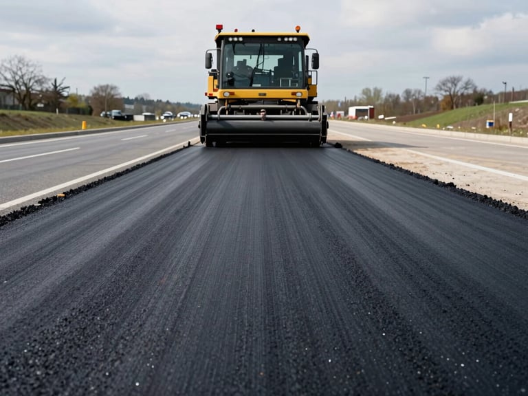 Ground-level documentary shot of freshly laid asphalt paving on a wide German road project at overcast daylight — heavy paving machine visible mid-frame from behind, smooth dark surface extending to horizon, site markings visible, no posed workers, honest scale